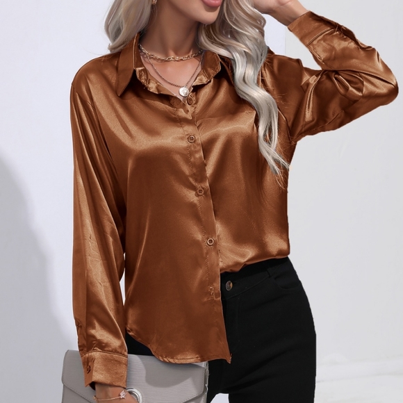 Satin Serenity Button-Up Shirt - Caramel - Picture 4 of 4